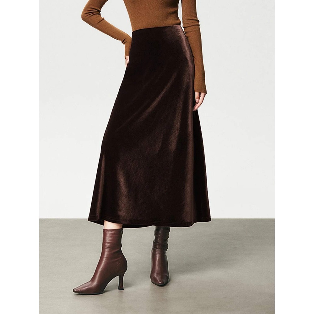 COMMENSE Dark Brown High Waist Velvet Maxi Skirt Elegant Size M